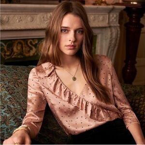 Sezane Pink Polka Dot Ruffle Top